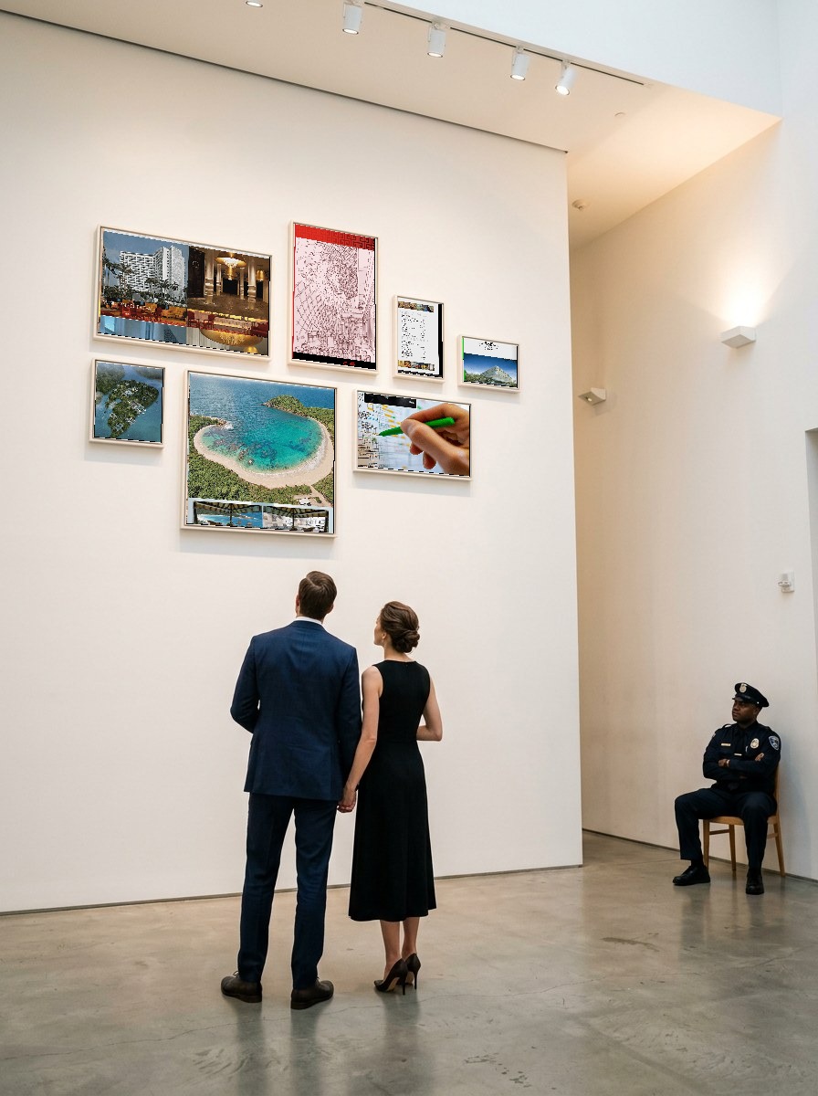 A gallery wall hung with seven MLX portfolio artworks, one per project category